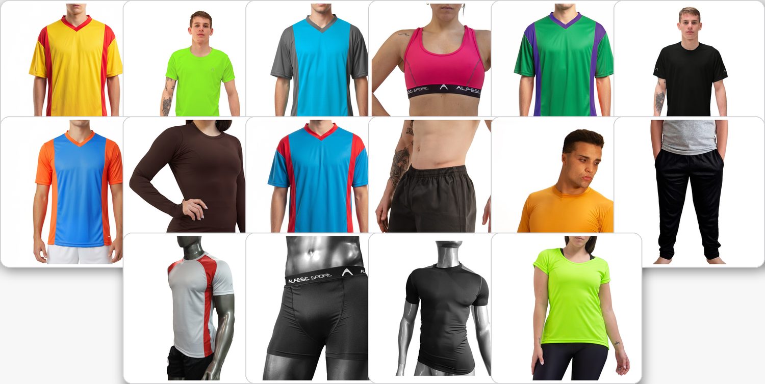 Muestra de productos Alfest Sport: remeras, camisetas, calzas, shorts y pantalones